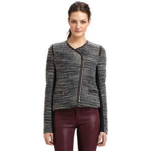 Rebecca Taylor Tweed Asymmetric Faux Leather Trim Jacket Grey Boucle Size 2 Moto